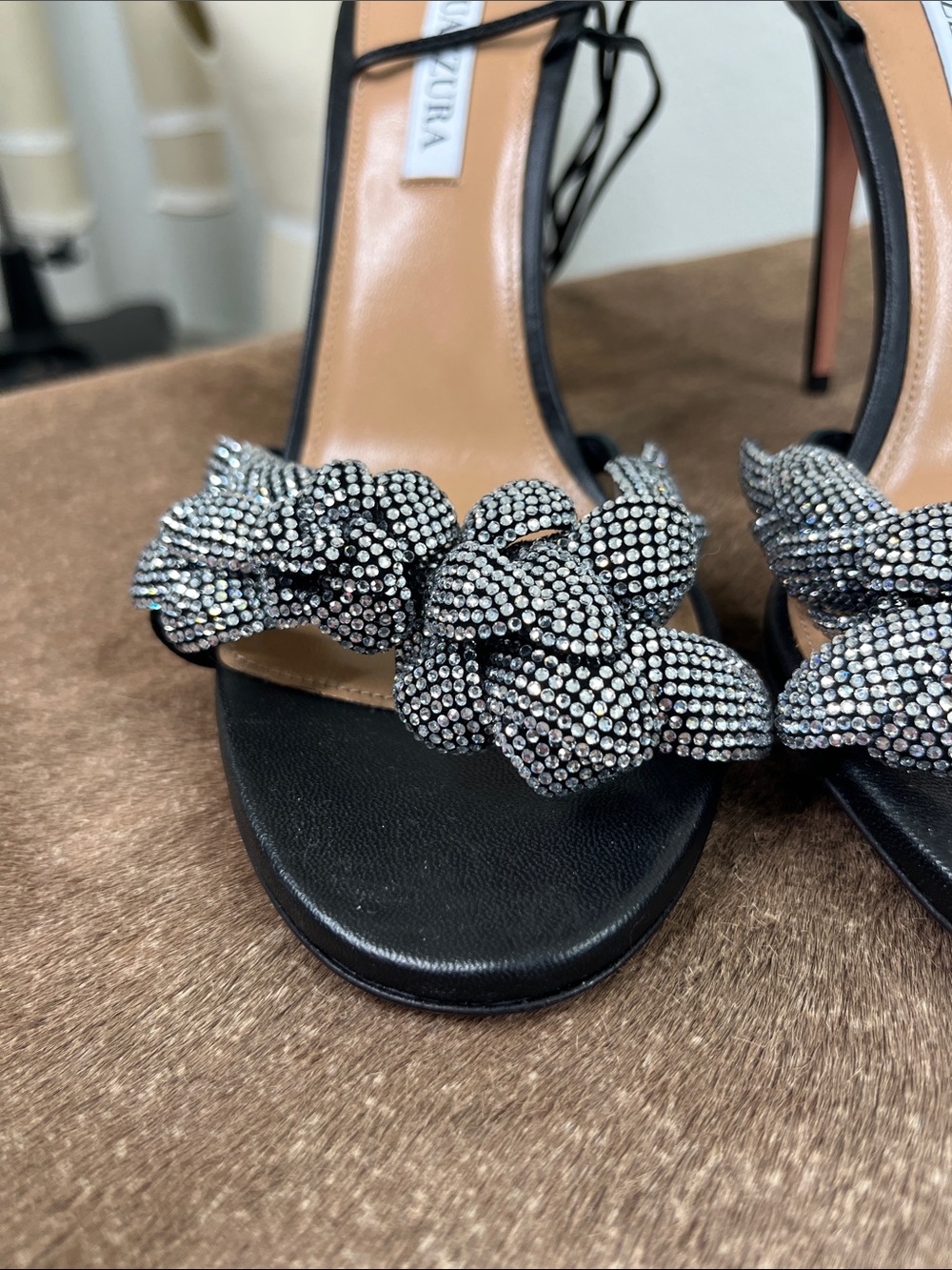 Aquazzura Galactic Flower 105 Leather Crystal Rhinestone Wrap Tie Sandals - Picture 6 of 14